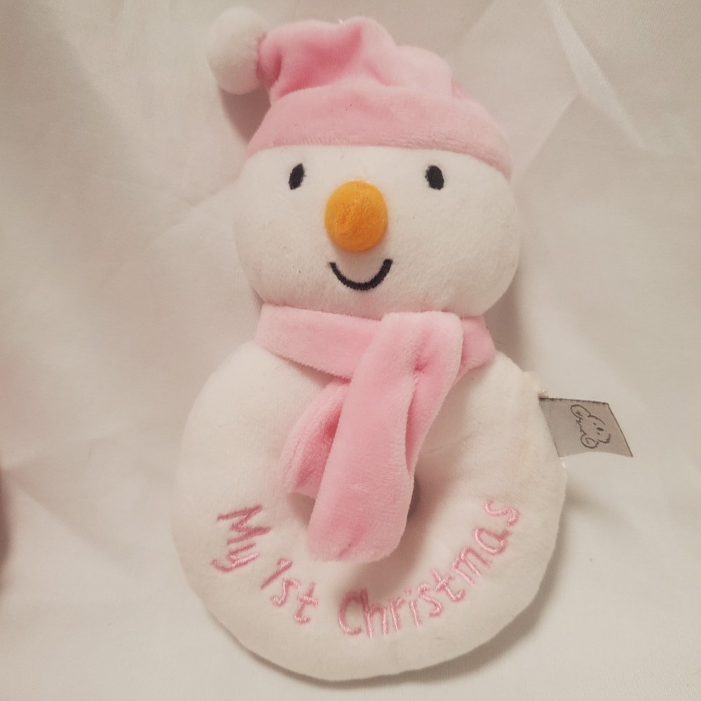 Koala Kids Baby's First Christmas Pink Snowman Plush Rattle Stuffed Toy